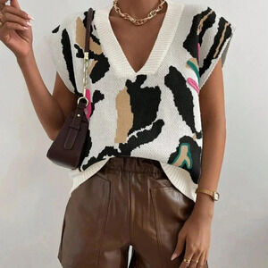 Multicolor Casual Women's V-Neck Batwing Pattern Sweater Vest